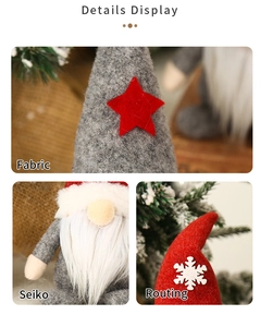 Detail display of Christmas gnome showing star patch, knit fabric and soft white fiber beard