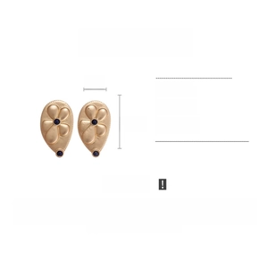 Detailed product dimensions for gold drop earrings with flower relief and blue stone
