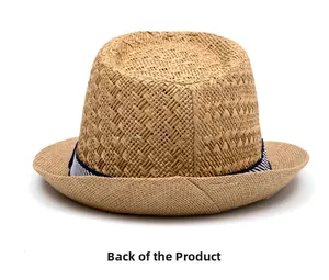 Rear view of a breathable straw fedora hat featuring blue and white striped ribbon band