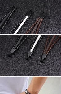 Three men's woven leather bracelets with metal cross clasps in black and brown colors