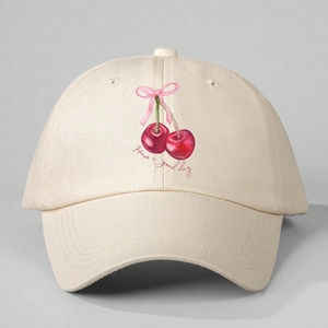 Off-white cotton baseball cap with cherry print and Have a good day text for women