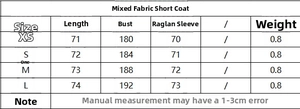 Detailed size chart showing length and bust measurements for the wool blend short coat