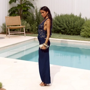 Navy blue lace evening maxi dress with halter V-neck design for elegant parties