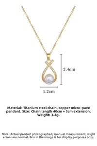 Detail of titanium steel necklace featuring a cross teardrop pendant with pearls and zircon