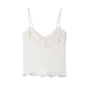 Camiseta de punto sin mangas para mujer con encaje delicado y cuello en v color blanco