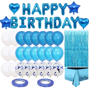 Kit fête bleu et or rose avec ballons Happy Birthday, rideaux pluie et nappe décor