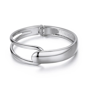 Detailed view of silver layered open bangle with micro-pave beads and spring clasp