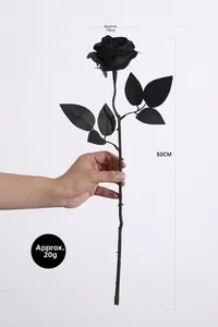 Detail of single black faux rose with 10cm flower head and 50cm stem dimensions