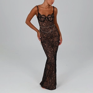 Elegant black lace maxi dress with spaghetti straps and gold waist chain ornament