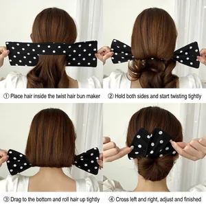 Polka dot twist hair bun maker for women showing step-by-step styling process
