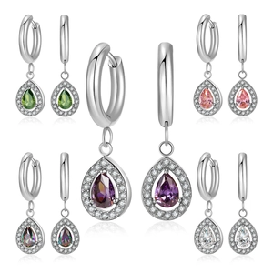 Luxury titanium steel teardrop zircon dangle earrings in green pink purple white colors