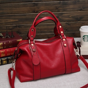 Boston Bag Women PU Leather Litchi Pattern Rivet Fashion Shoulder Crossbody Handbag Large Capacity Daily