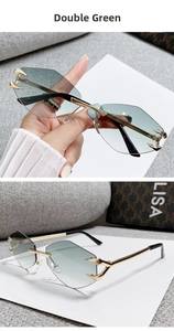 Detail of rimless polygon sunglasses with green gradient lenses and gold claw metal trim