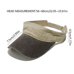 Size detail of washed distressed empty top sun hat with head and brim measurements