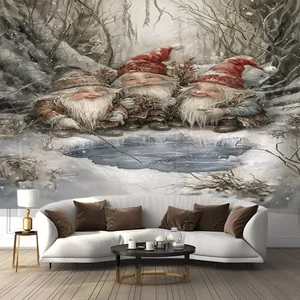Detail of Christmas gnomes fishing on ice printed on a large decorative wall tapestry