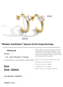 Detail of 20mm C-shape gold earrings with 6mm square zircon and 14K gold plating