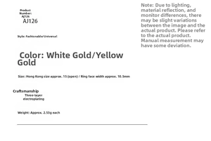 Specifications for spinning star ring with triple plating finish and 10.5mm width detail
