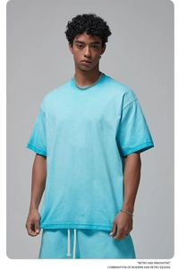 Close-up of retro lake blue cotton summer set featuring premium washed texture and drawstring