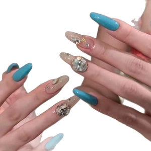Tiffany blue and pink almond press-on nails with luxury rhinestones and pearl accents