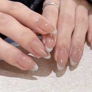 French White Almond Press On Nails Nude Pink High Gloss Elegant Artificial Finger Nails For Women Daily Manicure