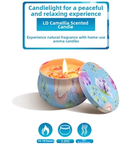 Detail view of Camellia & Hops scented candle in a decorative floral tin with 18h burn time