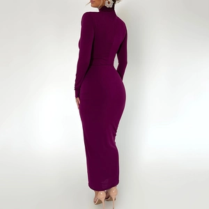 Robe longue violette moulante à col montant et manches longues vue de dos pour un look chic