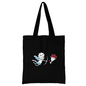 Schwarze Canvas-Tragetasche mit niedlichem Cartoon-Amor- und Blumendruck für Damen