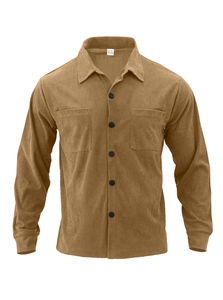 Close-up of brown corduroy long sleeve shirt showing button-down collar and fine texture