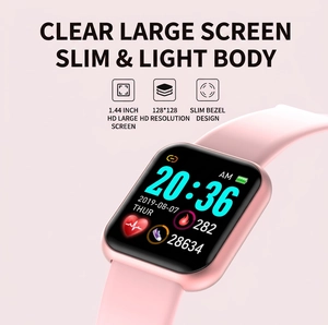 Pink Y68 smart watch with 1.44 inch HD screen featuring heart rate and step counter