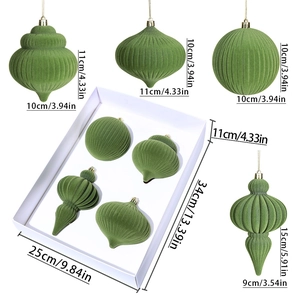 Green flocked Christmas ornaments set featuring mixed shapes in a white gift box