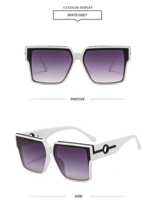 Detailed front and side views of white square sunglasses with purple gradient lenses