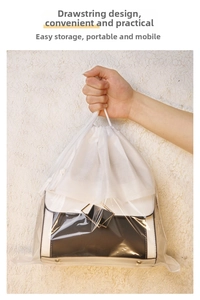 Close-up of a white mesh drawstring storage bag with transparent PVC base for handbags