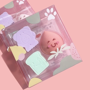 Detailed view of three-piece makeup sponge set in bear, peach, and toast shapes