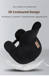 Detail of warm winter baseball cap with ear flaps and lightweight feather thermal display
