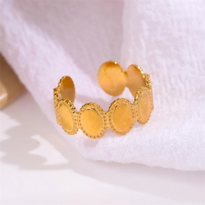 Stainless Steel Ring Gold Plated Vintage Oval Linked Milgrain Beaded Edge Adjustable Open Band Jewelry For Women