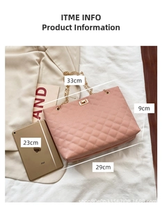 Pink quilted tote bag size comparison with tablet showing dimensions and gold chain detail