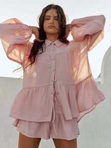 Women Casual Viscose Nylon Crinkle Lantern Sleeve Button Down Shirt And Ruffled Hem Shorts Vacation Outfits