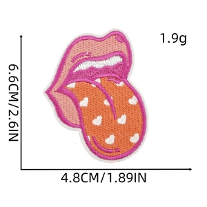 Detailed embroidery patch showing a pink lips and tongue design with heart detail