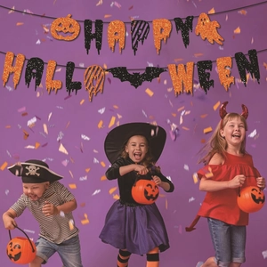 Glittery Happy Halloween banner with pumpkin and bat cutouts for festive party decor