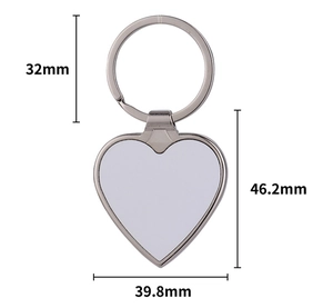 Sublimation heart keychain with metal frame and size dimensions 46.2mm by 39.8mm