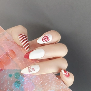 Christmas Press On Nails Long Almond False Nails Cartoon Gloves Skates Red White Patterns Cute Holiday Manicure For Women