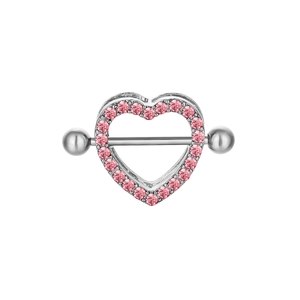 Silver double-layered heart nipple shield with sparkling pink rhinestones and bar