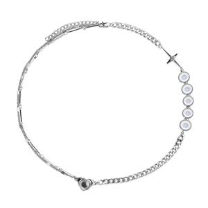 Titanium Steel Mixed Chain Necklace With Imitation Artificial Pearl Rhinestone Cross Heart Pendant Hip Hop Style Unisex