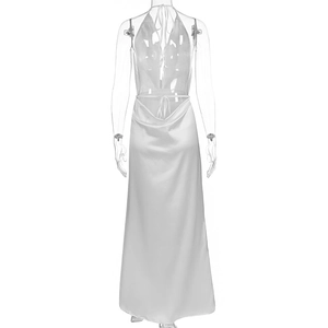 Detailed view of white satin cowl back design and sleek halter neck tie on the long dress