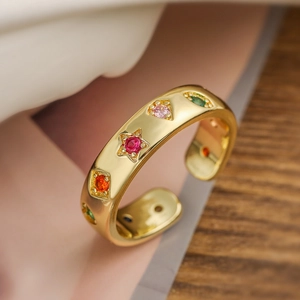 Women 18K Gold Plated Copper Open Ring Geometric Multicolored Zircon Evil Eye Adjustable Retro Minimalist Jewelry