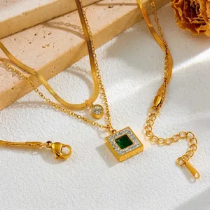 Vintage Emerald Green Square Gemstone Pendant Necklace Bracelet Stainless Steel Gold Plated Rhinestone Jewelry For Women