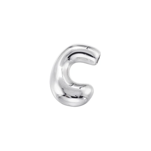 Macro view of a 3D bubble letter C pendant with a high-polished silver mirror finish