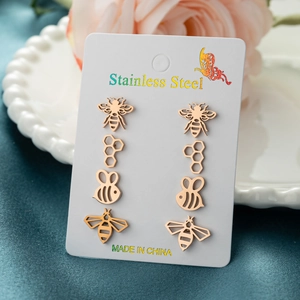 Rose gold stainless steel bee and honeycomb stud earring set on white display card