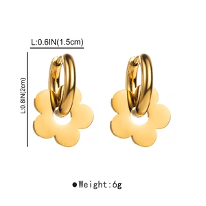 Detailed view of gold flower charm earrings with 2cm height and 1.5cm width dimensions