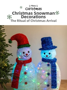 Close-up of LED glowing snowman set with colorful lights for Christmas holiday decoration